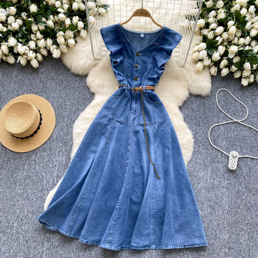 Frenchretrosense of designv neck fungus edge patchwork single breasted waist slimming lookelegant over-the-knee denim dress