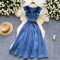 Frenchretrosense of designv neck fungus edge patchwork single breasted waist slimming lookelegant over-the-knee denim dress