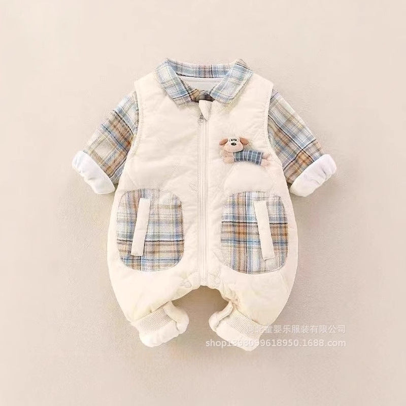 Baby outfit set: unisex romper overalls, infant autumn/winter warm two-piece set, trendy outing clothes