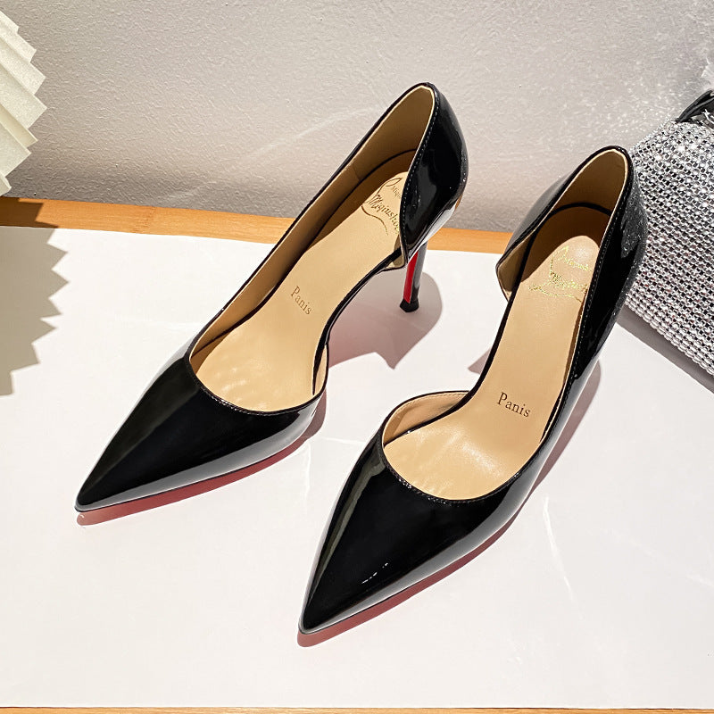 2026 new red sole pointed-toe side cutout sexy nude high heels - stunning stiletto elegant black patent leather pumps