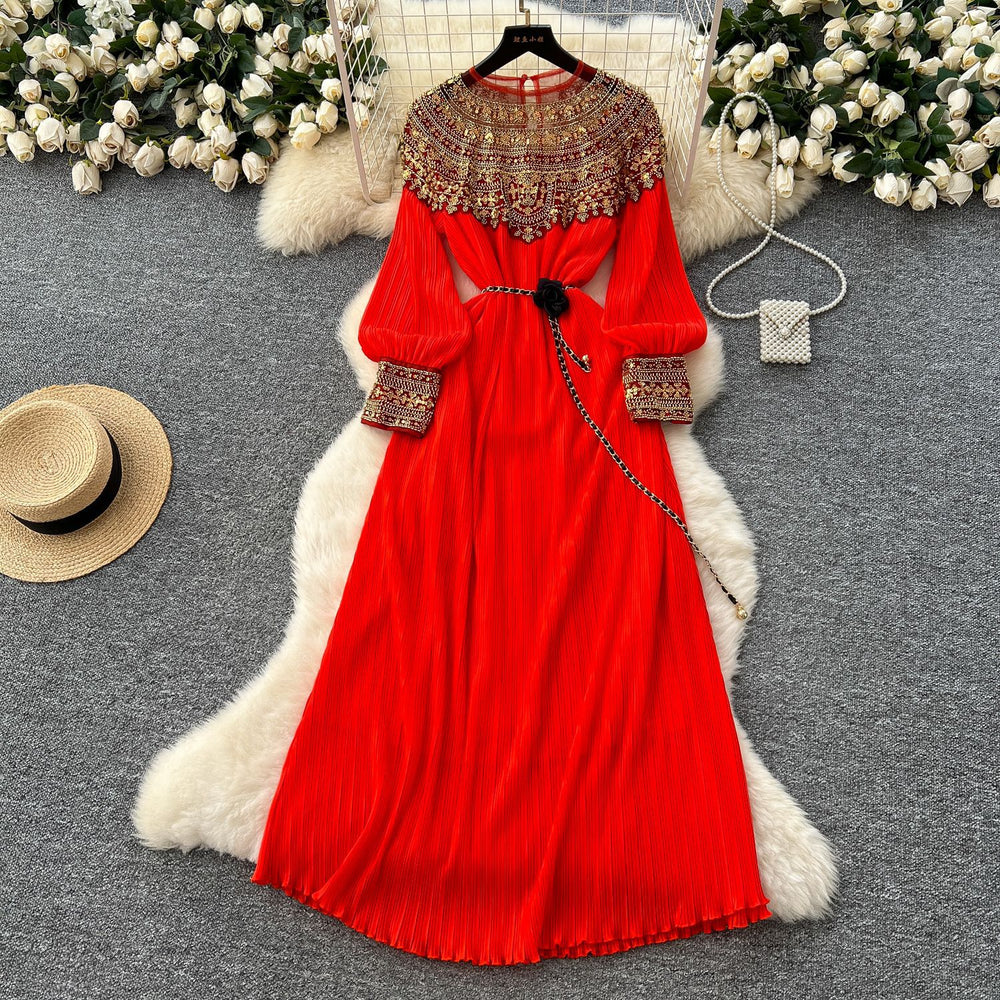 Frenchclassyelegantheavy sequin embroidered beadspatchworklong sleevesdress women's strappy waist elegant pleated long skirt