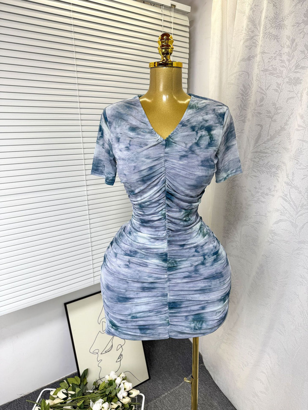 Summernew arrival pure desire sexy tie-dye printing silmv neck elastic mesh dress pleated hip skirt for women