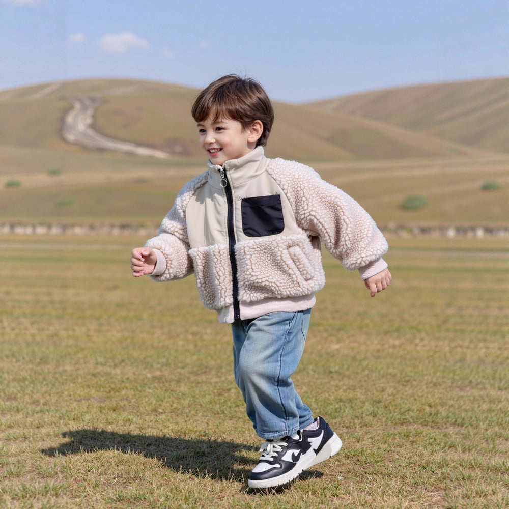 Children's winter cotton-padded jacket: unisex baby loose-fit patchwork lambswool fleece-lined sweatshirt, thickened warm outerwear