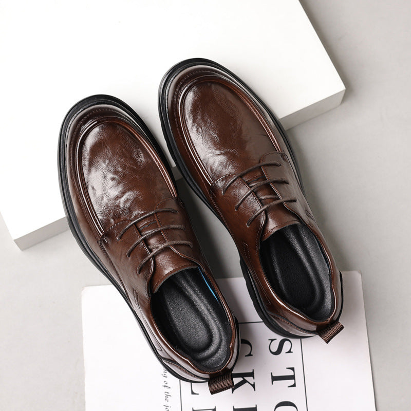 Men's leather dress shoes - breathable, british style, business casual, textured sole, chunky sole, height increasing, black leather shoes for men, groom's wedding shoes