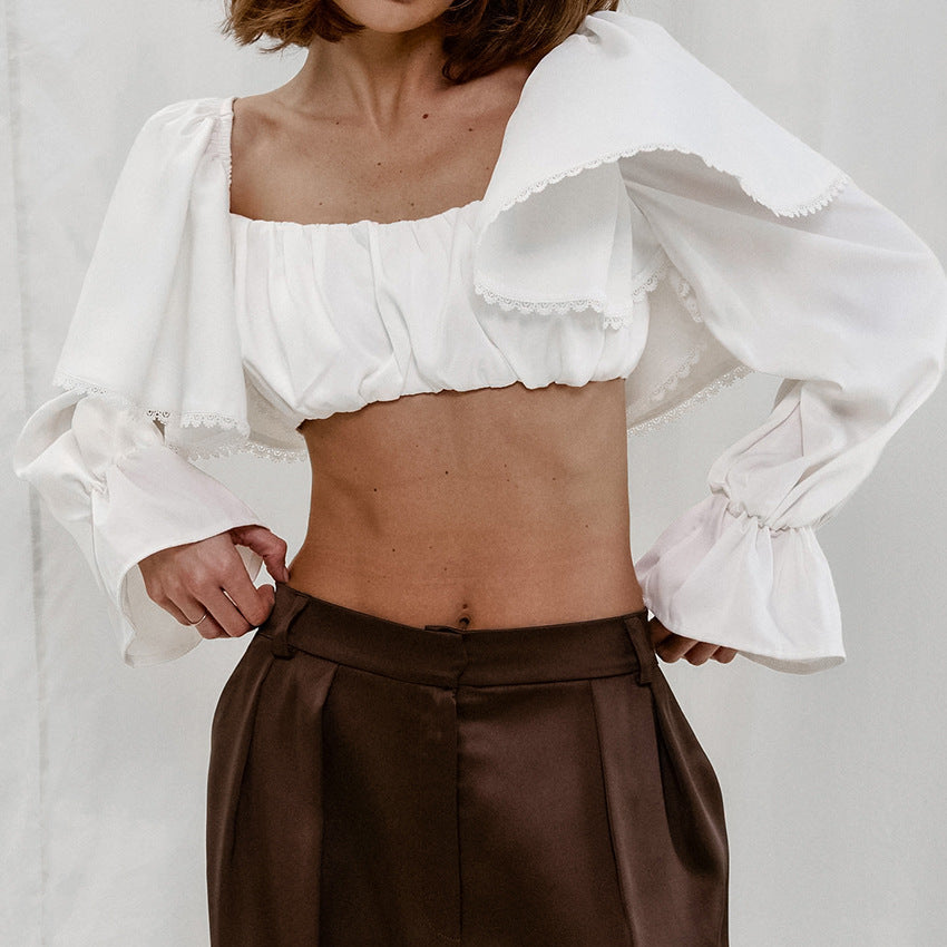 European and American fashion white exposed navel Spice Girl top women's short 2025 summer niche splicing ruffle edge pullover shirt