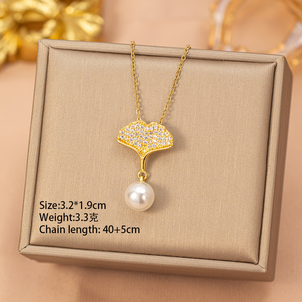 European and american hot-selling fashion zircon pearl necklace for women, lightweight luxury, niche, versatile, elegant, fashionable titanium steel clavicle chain jewelry