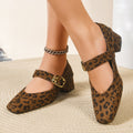 Retro thick heel suede square toe flats women's  spring & fall new arrivalfleece-lined leopard print one-word buckle mary jane shoes