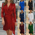 new european and american independent fashion women's sexy cinched waist multi-color sequin suit collar tie-up dress