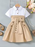new cross-border girls' dress: european and american style color block a-line dress