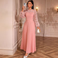 European and american elegant lace lantern sleeve dress - hollow out long sleeve, cinched waist, pleated a-line party maxi dress