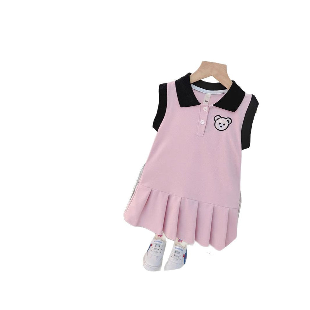 Girls' summer dress  new style: chic and sweet polo collar pleated skirt, preppy style for little girls