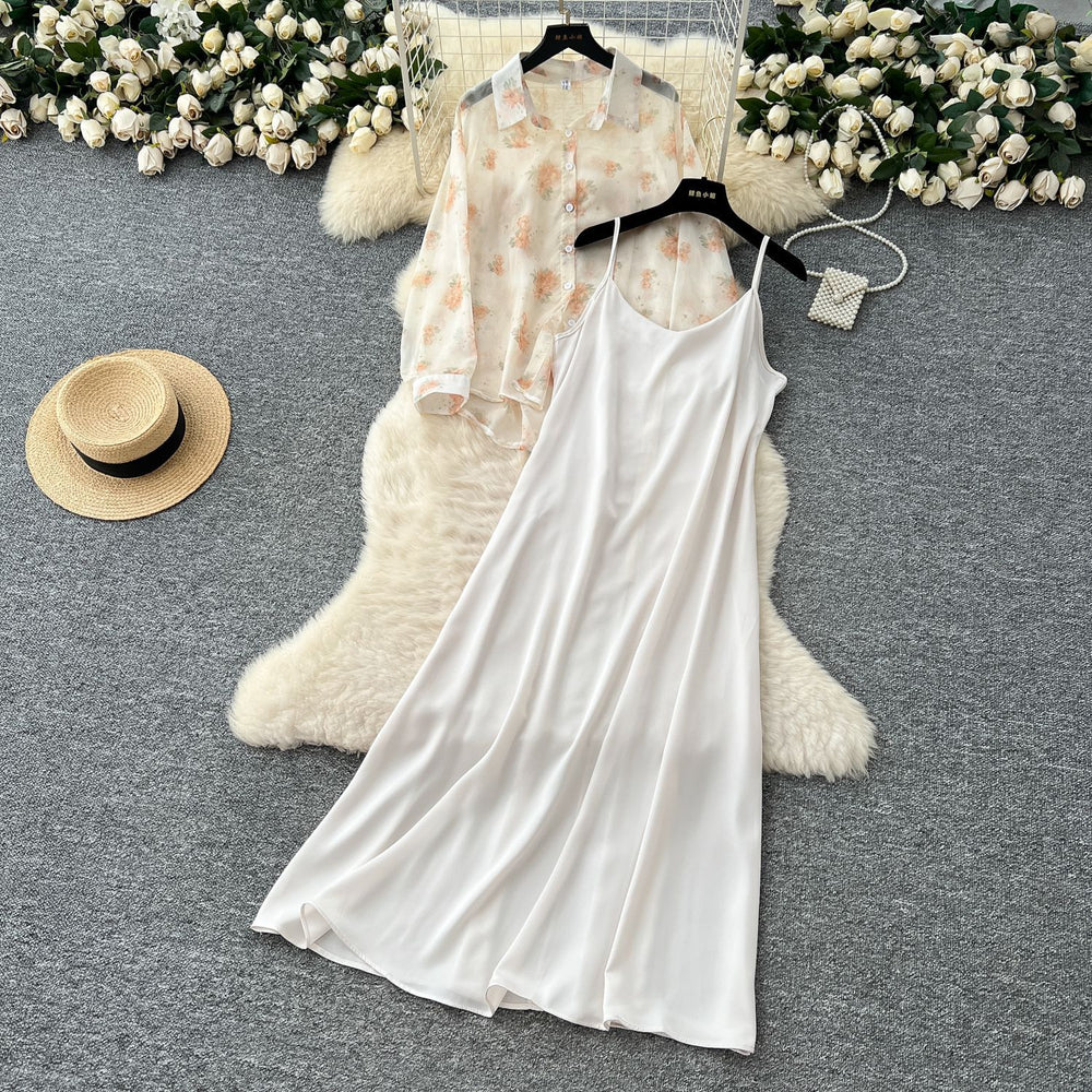 Beach vacation style solid color slim-fit cami dress + floral lightweight long-sleeve sun protection cardigan top set for women - summer