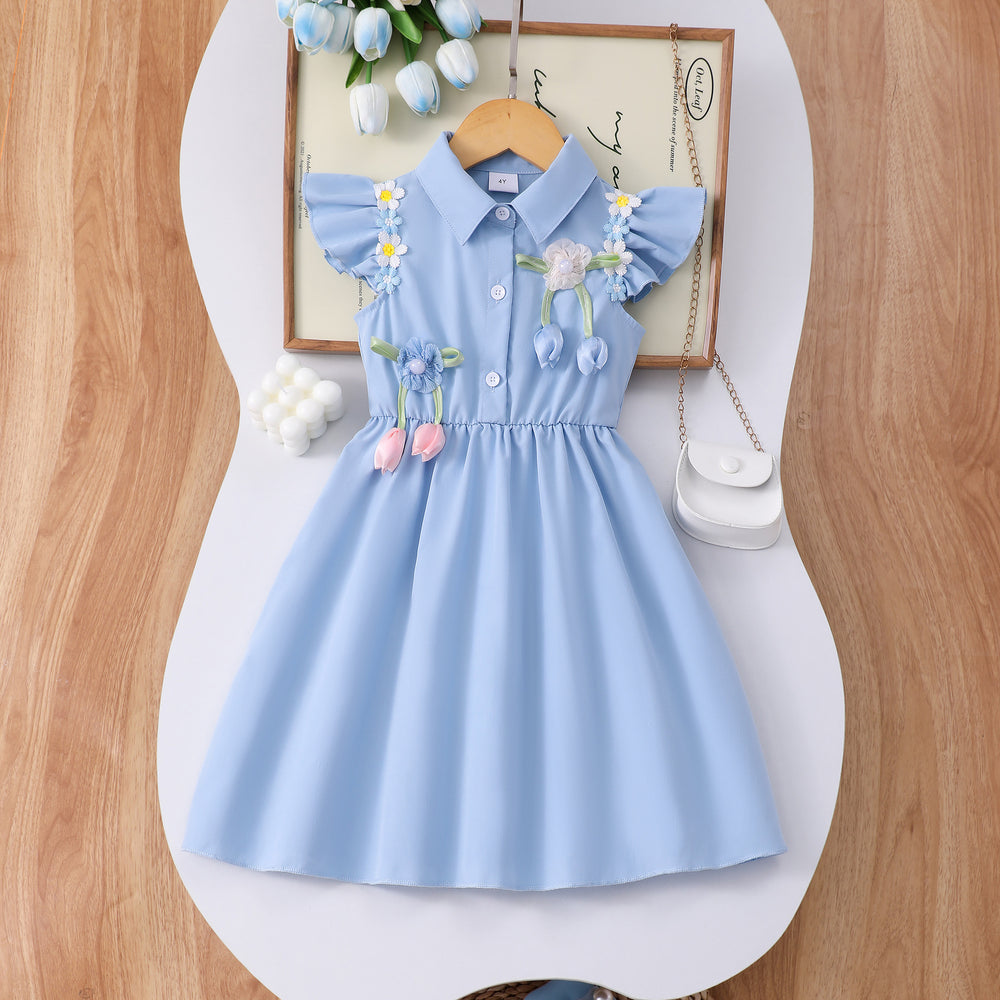 Girls' dress for toddlers and young children, 3d floral flutter sleeve dress