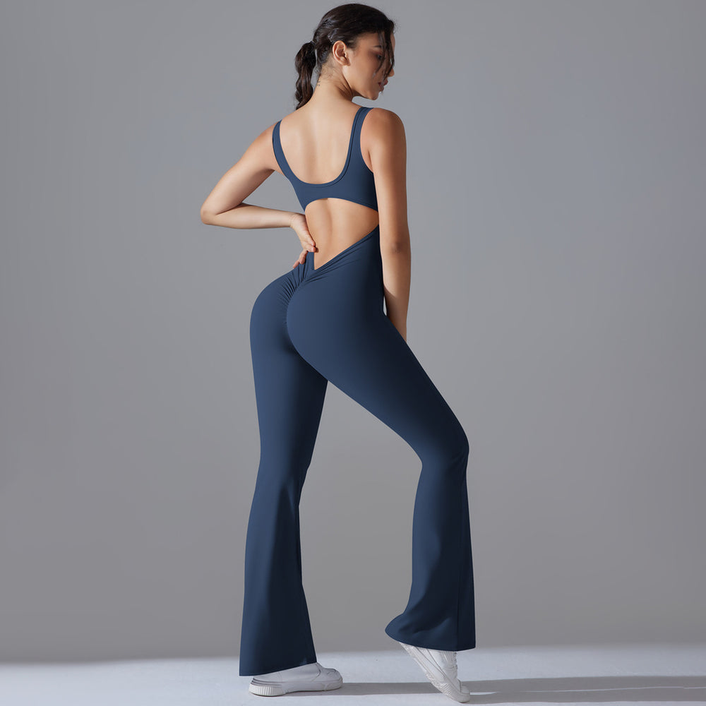 New arrival cross-border pure color beautiful back hip lifting longsilm wide leg jumpsuit sports running fitness jumpsuit yoga wear