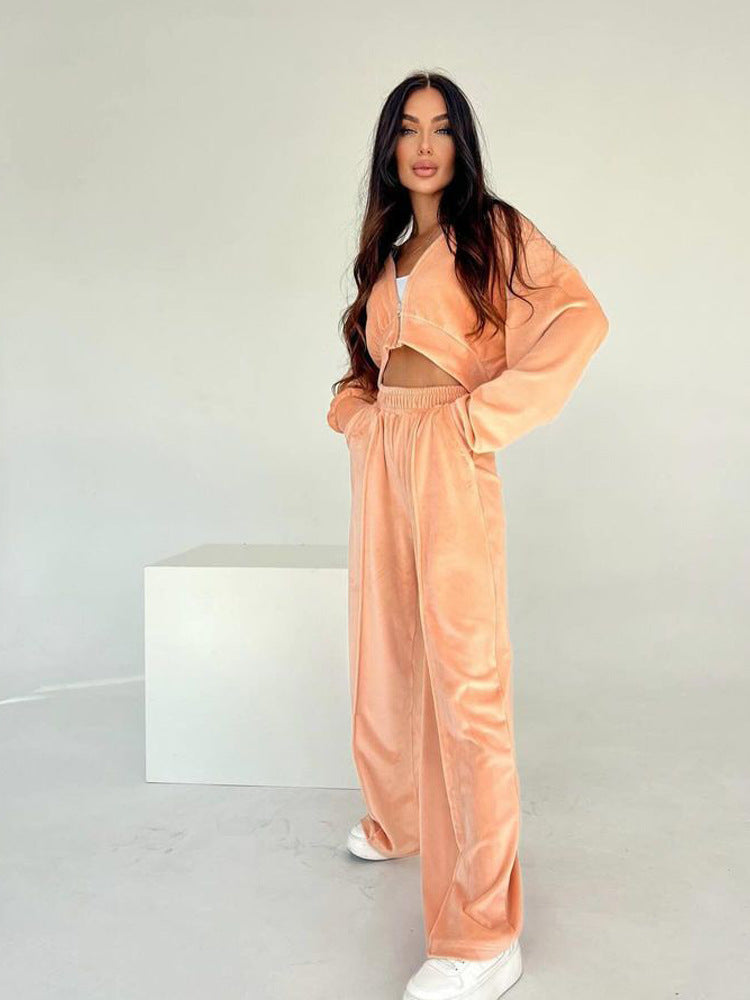 European and American new  suit fashion long-sleeved short hooded sweater cardigan trousers suit casual women's clothing