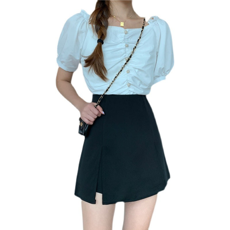 Small split-ended skirt pants on both sides, women's large size 2021 summer new versatile hip-covering skirt, high-waisted A-word short skirt