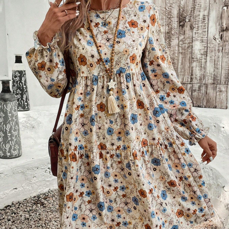 Amazon cross-border fashion:  new european and american style french elegant printed lantern sleeve dress for women