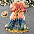 Frenchromantic style puff sleeve tie-dye dress women's summer k-style strappy waist a-line draped long skirt classy sense