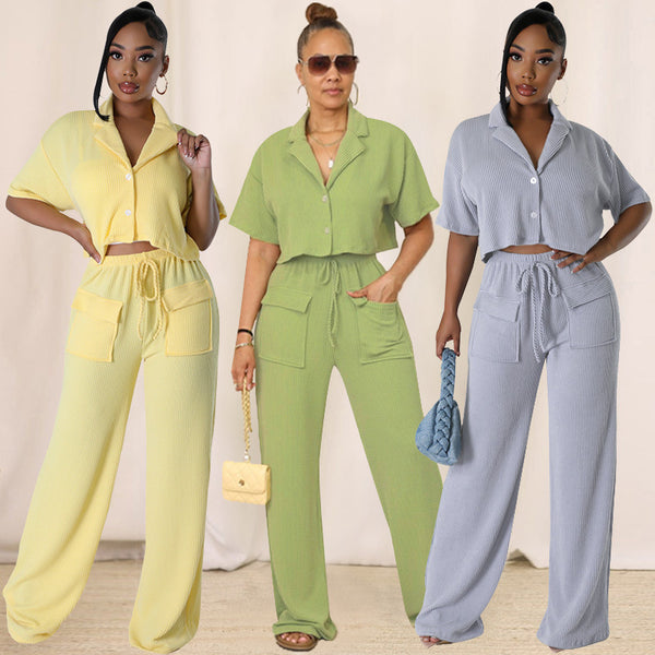 M3157 New European and American  women's clothing solid color short-sleeved shirt collar top long casual wide-leg pants set