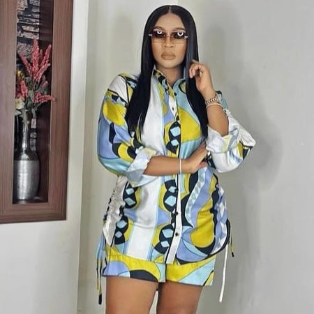 European and American large size fashion lapel print long-sleeved cardigan shirt African foreign style women's loose casual shorts set