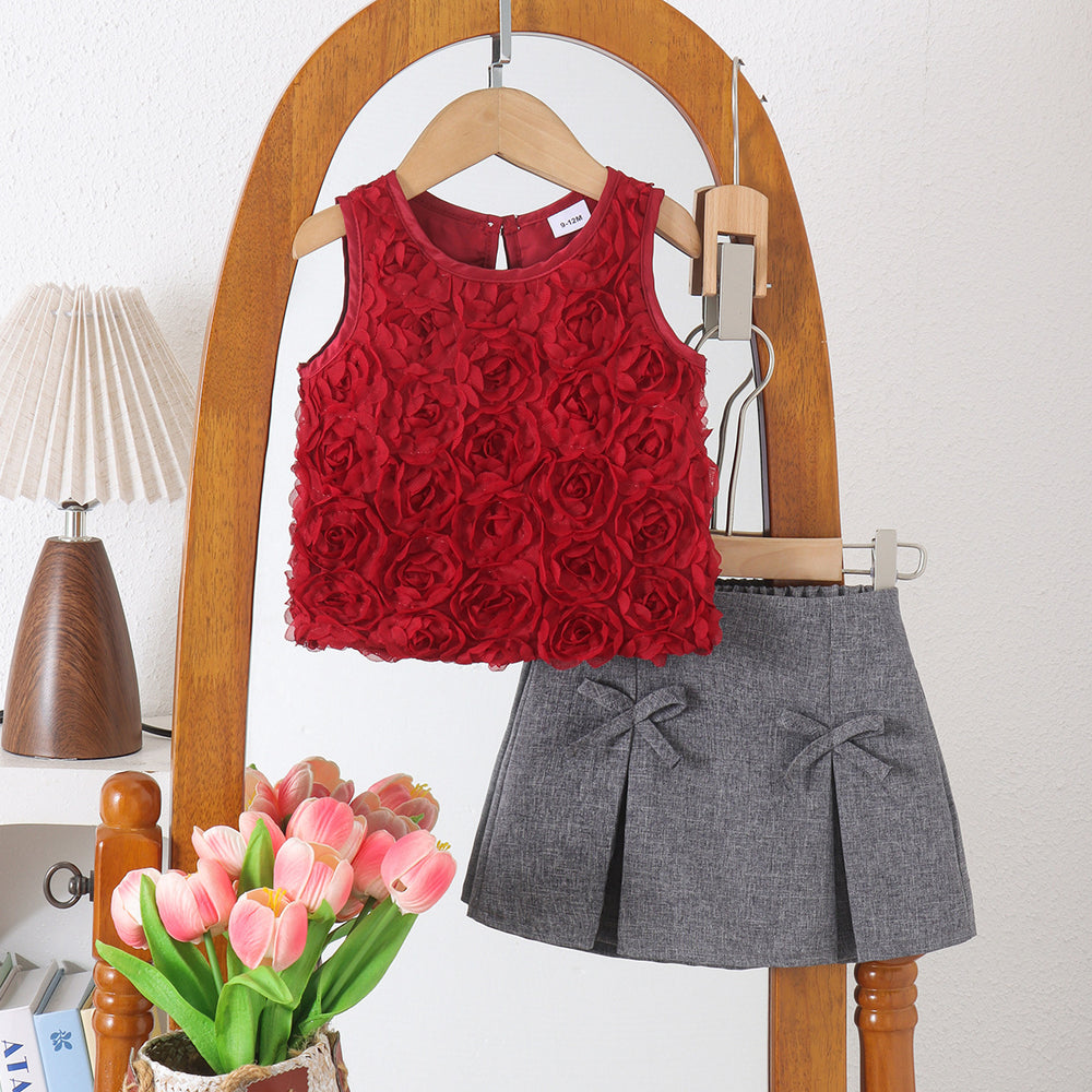 Baby clothing kids set children outfit burgundy sleeveless tops + gray shorts