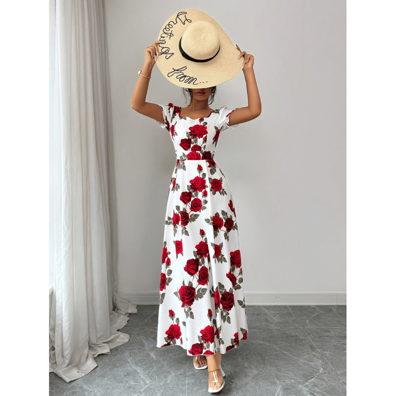 Women's summer new arrival: elegant vintage rose print square neck cinched waist puff sleeve a-line maxi dress