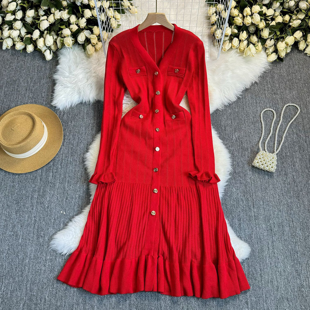 Elegant knitted dress: new autumn/winter  collection - high-end long sleeve, cinched waist maxi dress with v-neck and ruffle hem