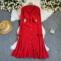 Elegant knitted dress: new autumn/winter  collection - high-end long sleeve, cinched waist maxi dress with v-neck and ruffle hem