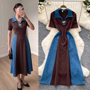 Hong kong style retro patchwork dress - women's  summer new arrival - slimming, waist-defining a-line maxi dress - casual midi dress