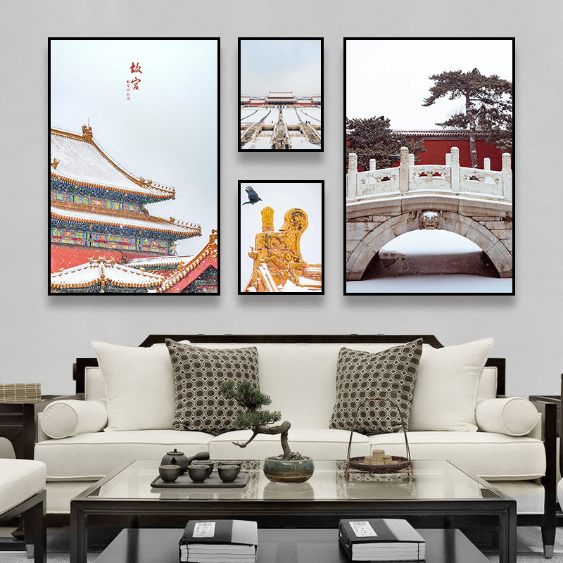 Beijing Forbidden City Snow Scene Decorative Painting New Chinese Architecture Eaves Red Wall Hanging Painting Chinese Style Restaurant Box Mural