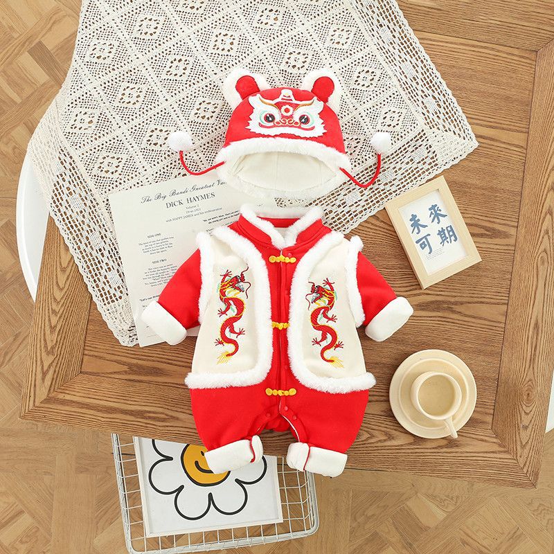 Baby new year's day outfit festive onesie baby winter clothes red hundred days first birthday dress fleece-linedthickened new year clothes