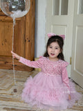 Girls' autumn dress new arrivals : stylish and cute puff sleeve sequin mesh tiered cake dress for little girls