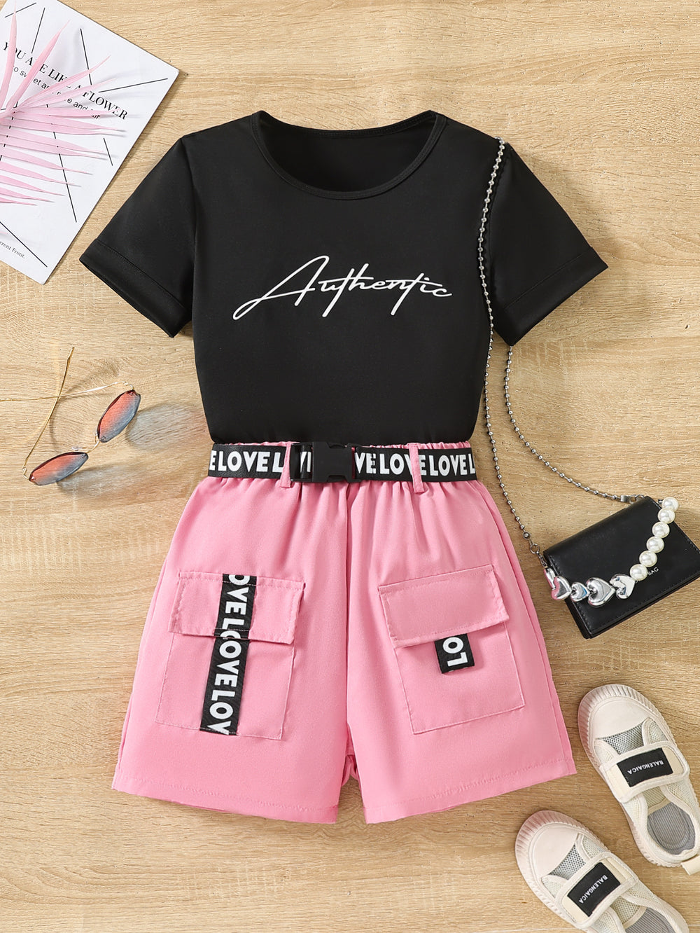 Clearance! girls' graphic print short-sleeve top + webbing cargo shorts set - big girls' style - clearance item
