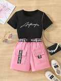 Clearance! girls' graphic print short-sleeve top + webbing cargo shorts set - big girls' style - clearance item