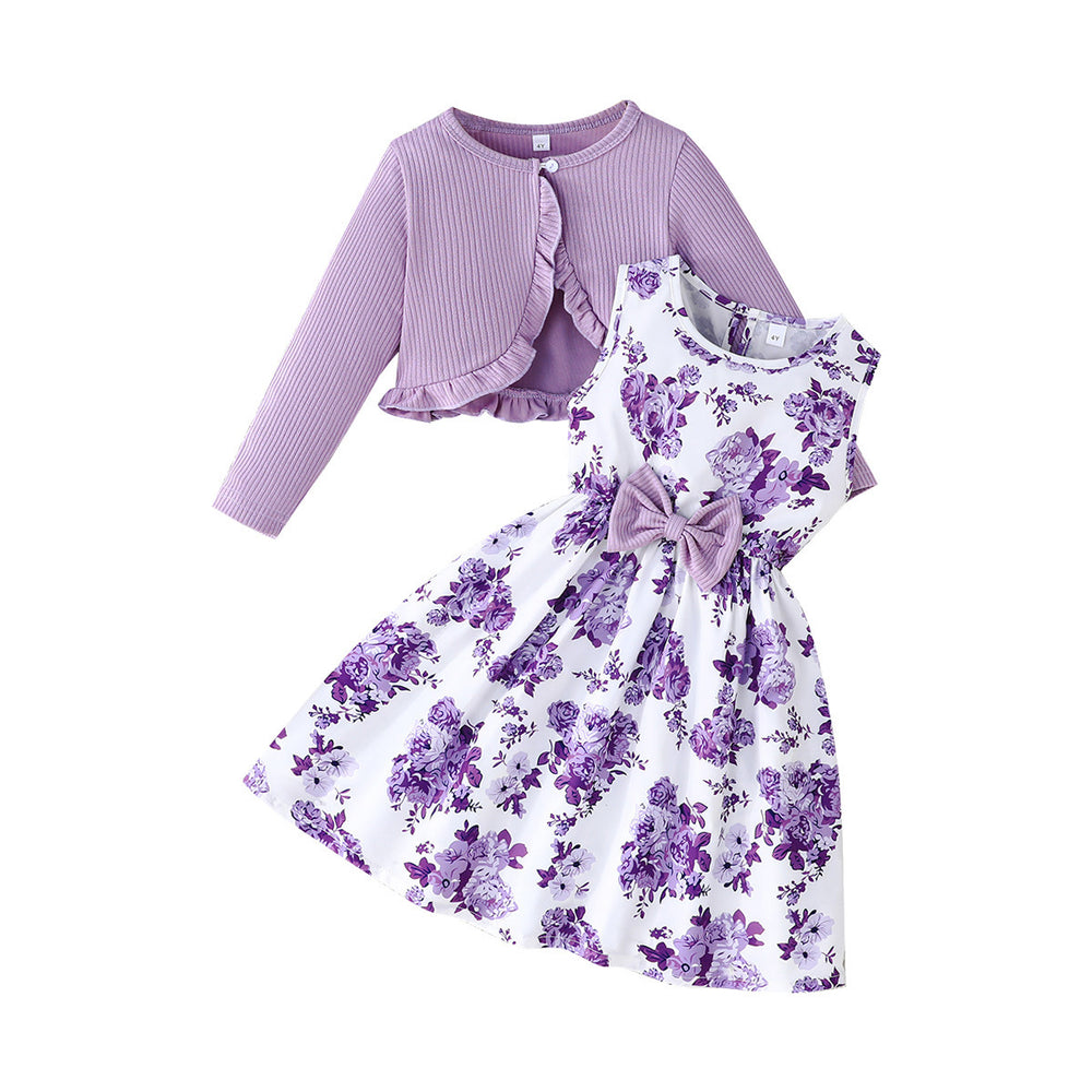 exclusive: kids' fashion solid color jacket & printed dress two-piece set - trendy pink collection