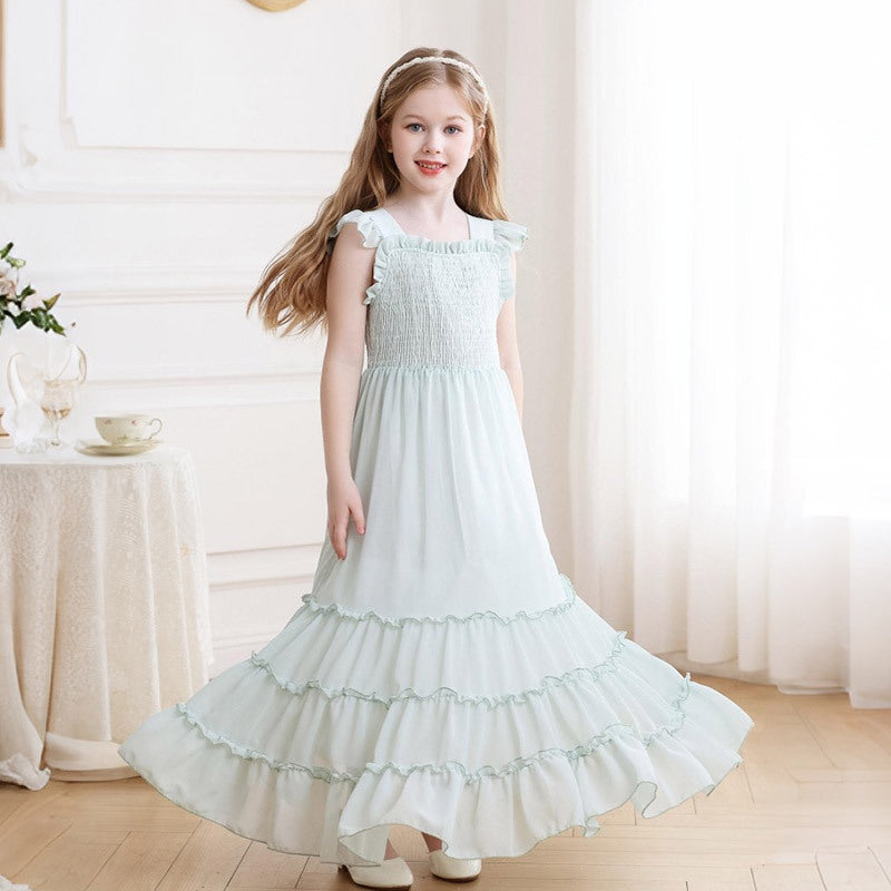 Girls' chiffon dress with ruched detail, long summer dress, ruffle shoulder straps, princess style,  new arrival, cross-border fashion for europe and america