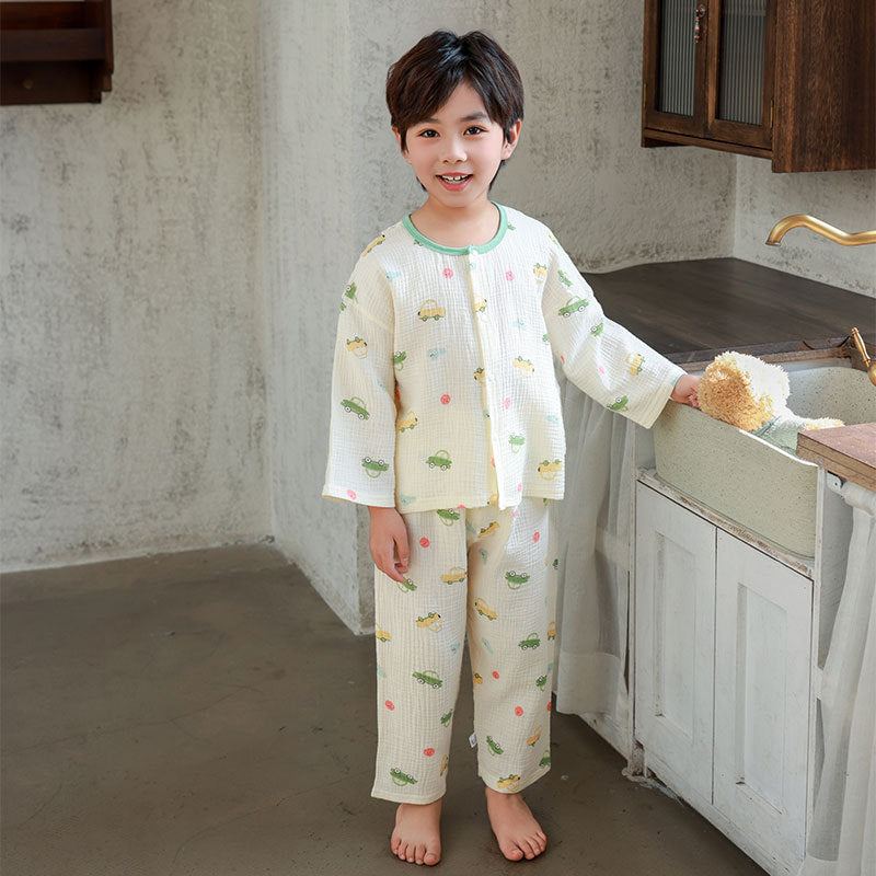 kids' cropped lounge set - boys & girls double-layer cotton gauze pajama set with baby lace trim and cartoon print