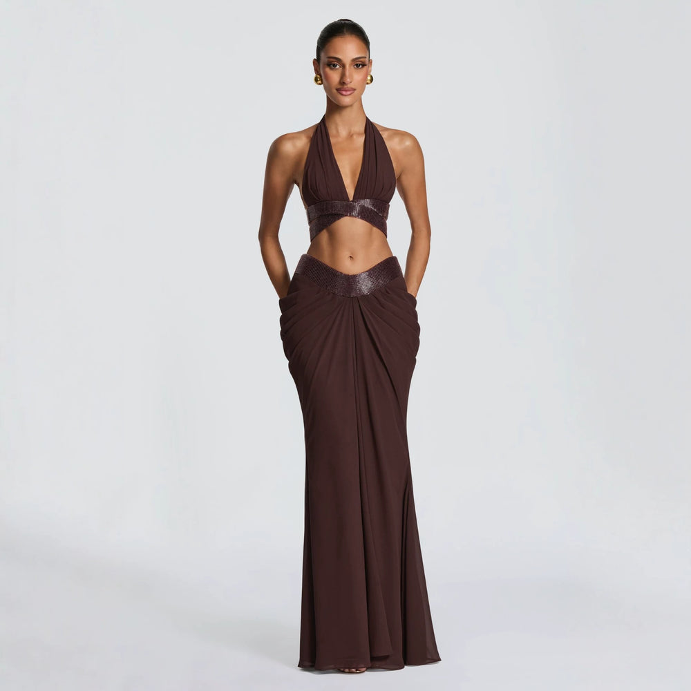 Amazon women's halter deep v sequin waistless suspender sexy back strap pleated hip skirt suit