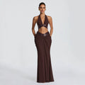 Amazon women's halter deep v sequin waistless suspender sexy back strap pleated hip skirt suit