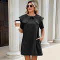 Fashion cross-border foreign trade  new arrival fungus edge large lapel short sleeve side flap pocket pants washed denim dress