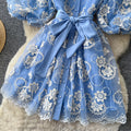French chic embroidered mesh dress - women's summer dress, high-end bubble sleeve, slimming a-line with cinched waist