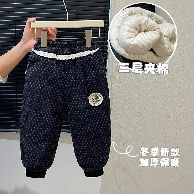 Autumn wintergirl trendy three-layer quilted thickenedheattech cotton pants for baby girls k-stylekids pants for children