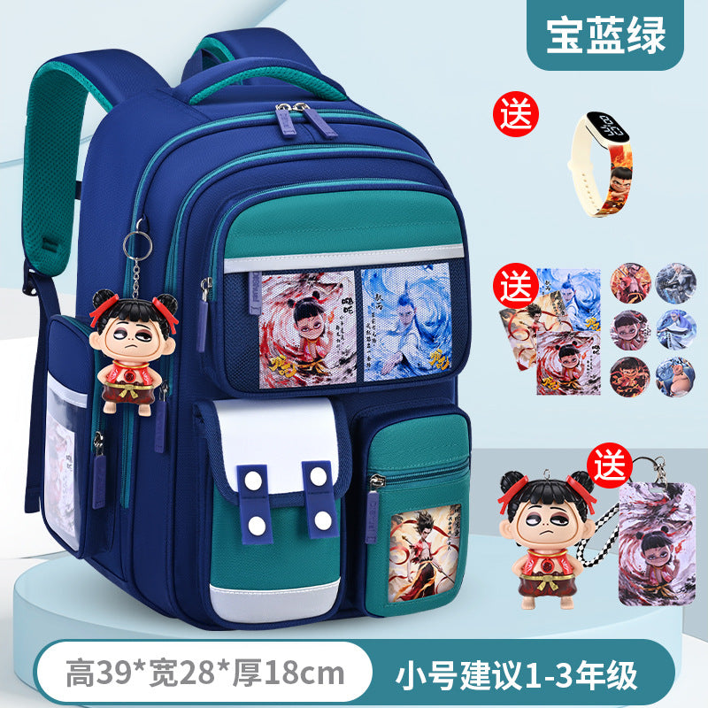 New nezha backpack for boys and girls, grades 1-6: spine protection, lightweight design, and extra-large capacity