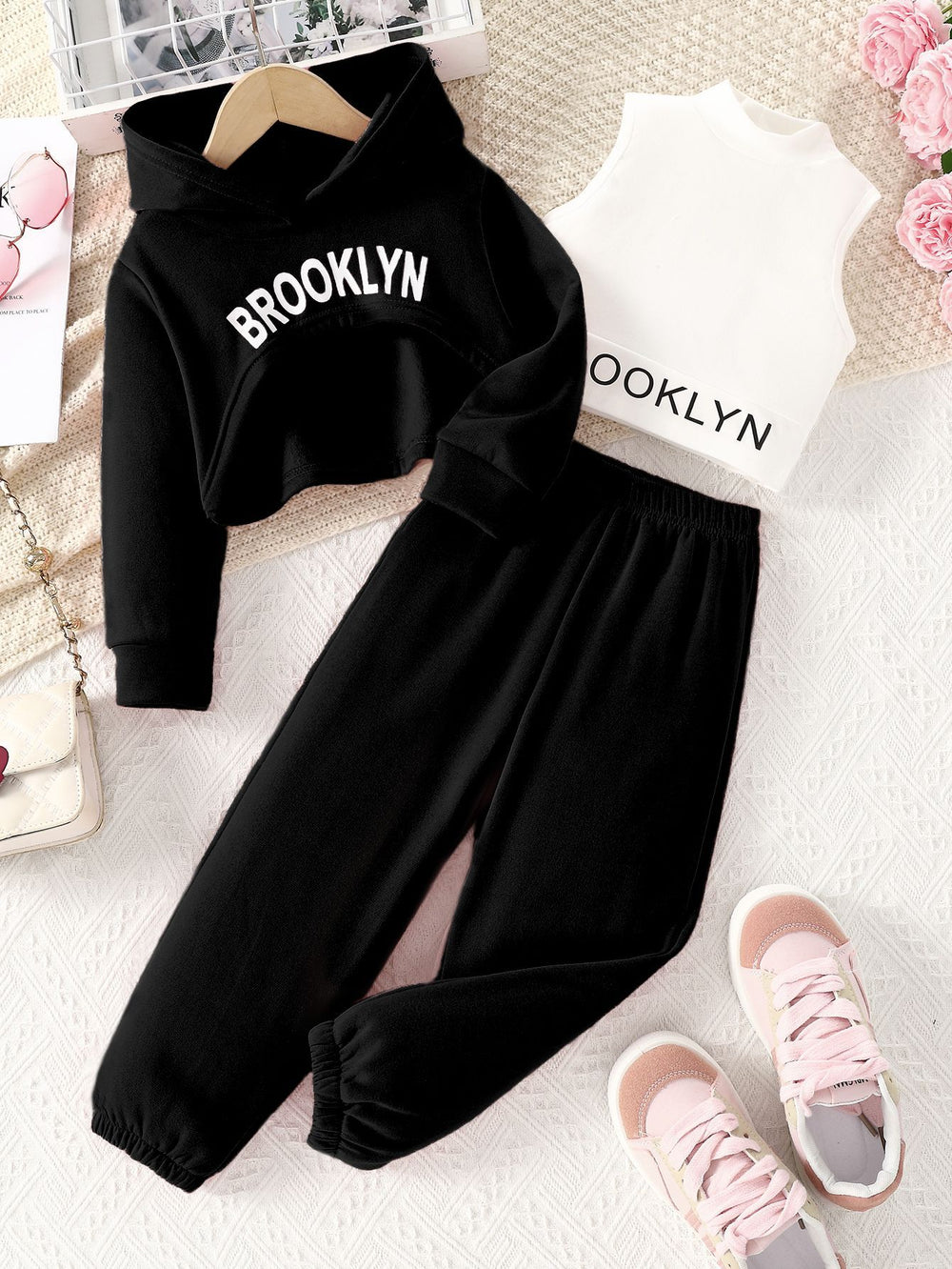 spring girls' casual three-piece set: pink hooded sweatshirt, high-neck tank top, letter print sweatshirt, and pants
