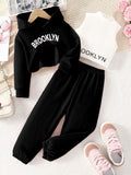 spring girls' casual three-piece set: pink hooded sweatshirt, high-neck tank top, letter print sweatshirt, and pants
