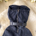 This year's trendy look for petite women: stylish, high-waisted, slim-fit, sleeveless, strapless jumpsuit with hot-fix rhinestone embellishments