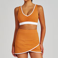 Color block ruched shockproof quick-dry shorts, fitness top, sports bra, underwear, yoga tennis skirt set for women