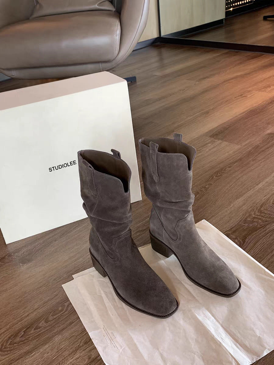 Grape mom fashion boots western pleated short boots women's retro british style petites heightened knee socks thick heel