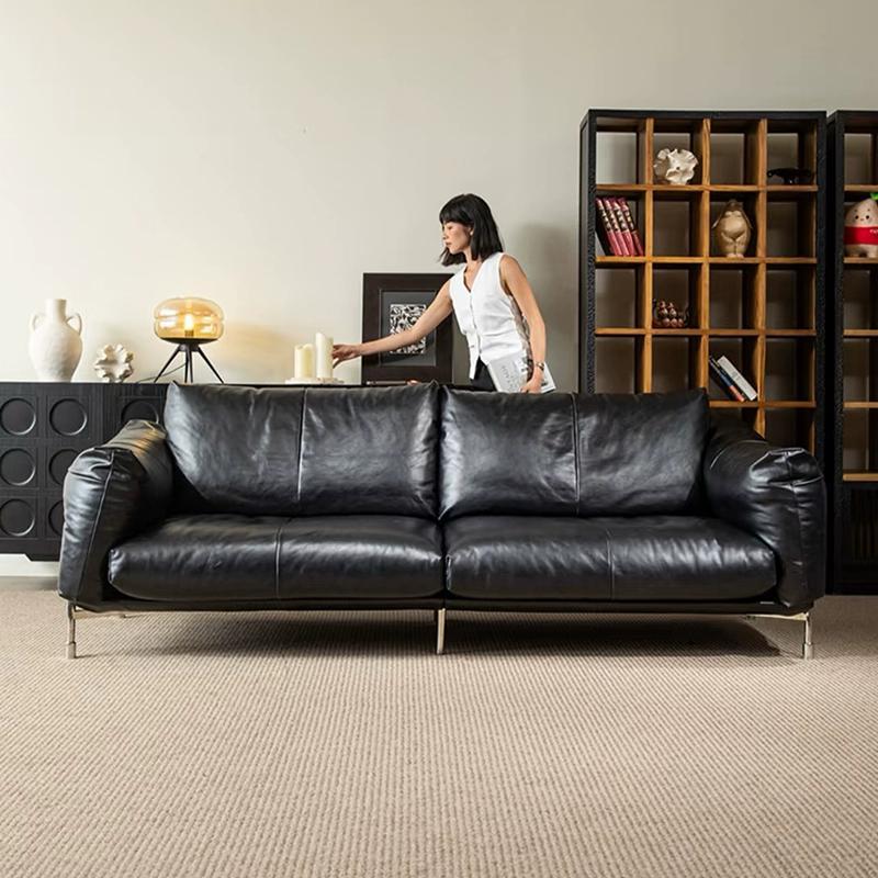 Minimalist mid-century modern genuine leather sofa for living room, small apartment, bauhaus retro style black hammer sofa, 2025 new arrival