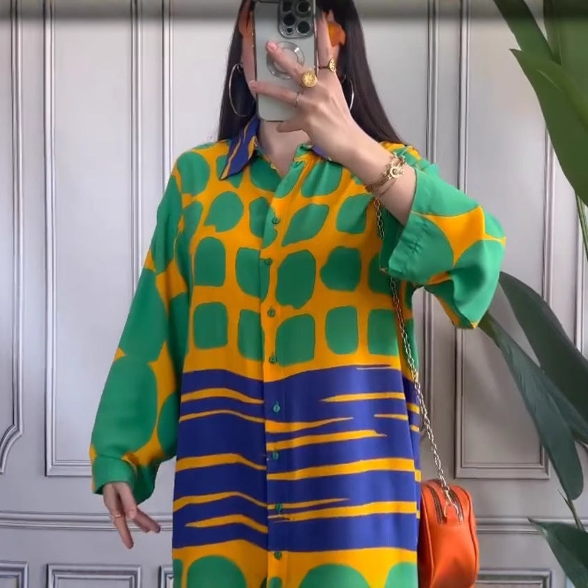 European and American  spot 2024 new loose fashion casual positioning printed cardigan dress large size women's long dress